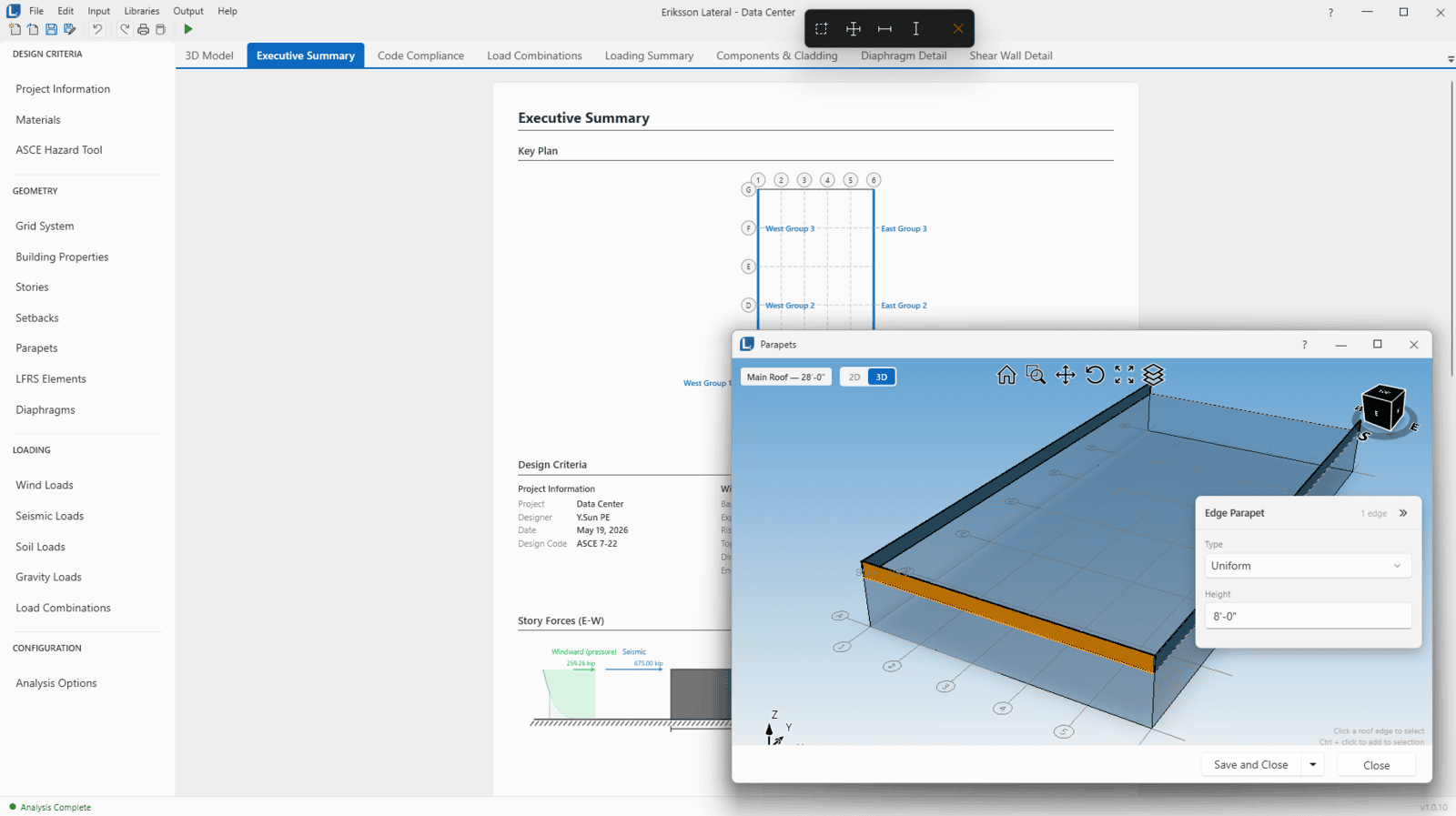 Eriksson Lateral 3D Model view with the input navigator listing design criteria, geometry, loading, and configuration pages