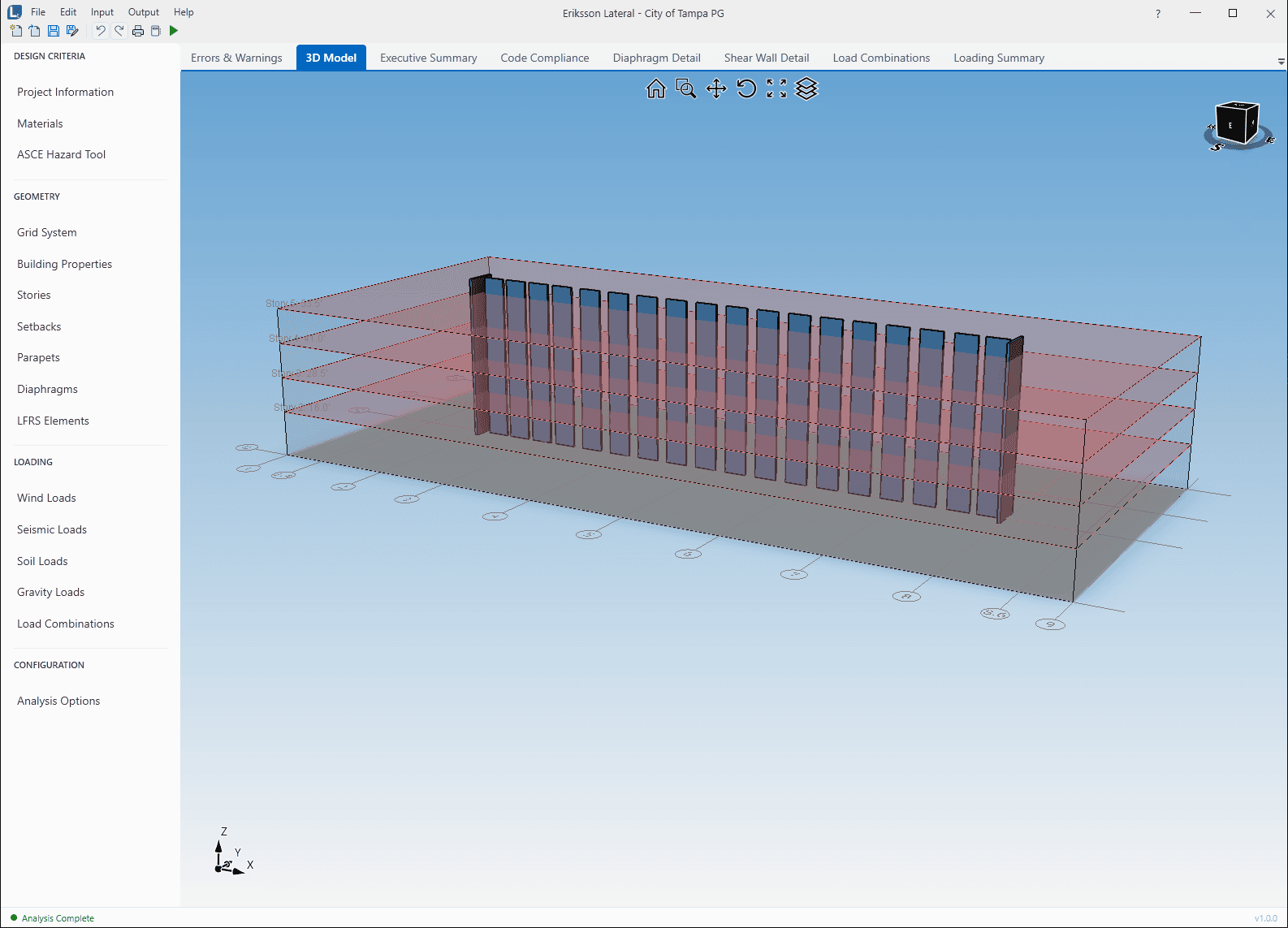 Eriksson Lateral main window showing a multi-story precast parking structure in the 3D Model view with diaphragms, shear walls, and the grid system