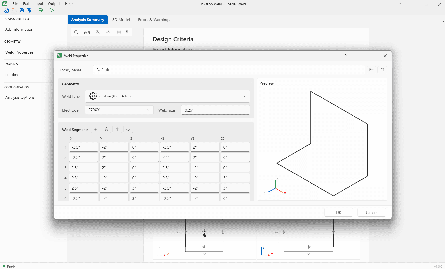 Eriksson Weld main window with the Weld Properties dialog open over the analysis summary