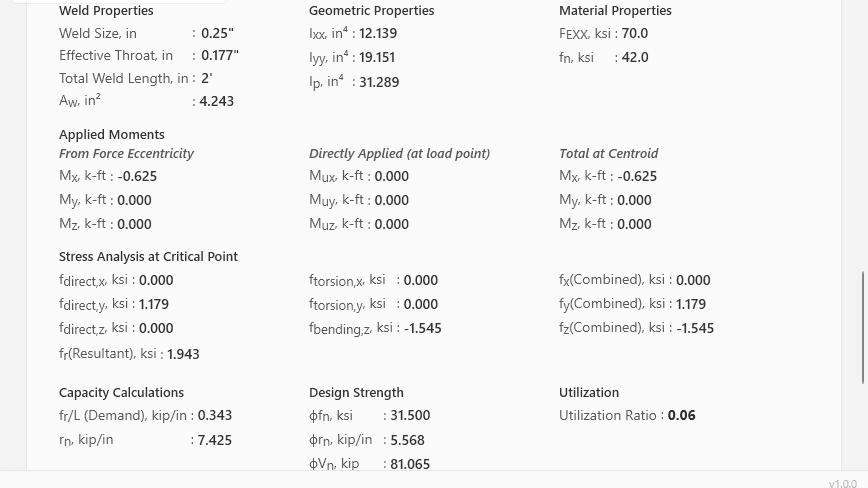 Analysis summary showing Elastic Vector results: properties, applied moments, stresses, capacity and utilization